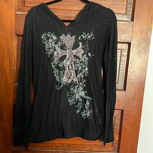 Bedazzled large pink and silver cross long sleeve black hooded shirt